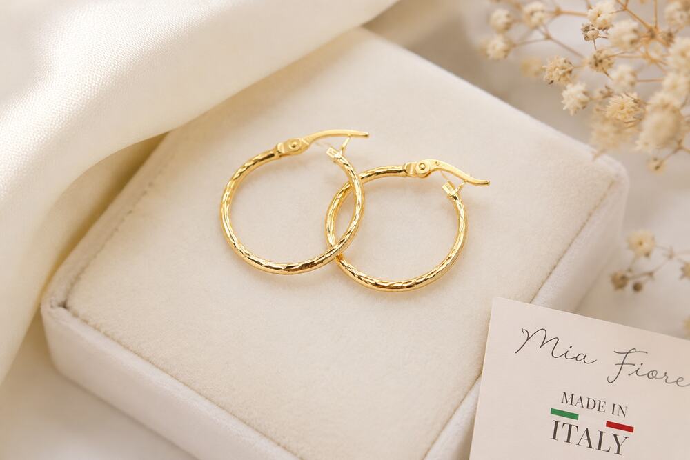 Mia Fiore 18K Gold Plated Italian Textured Hoop Earrings NWT